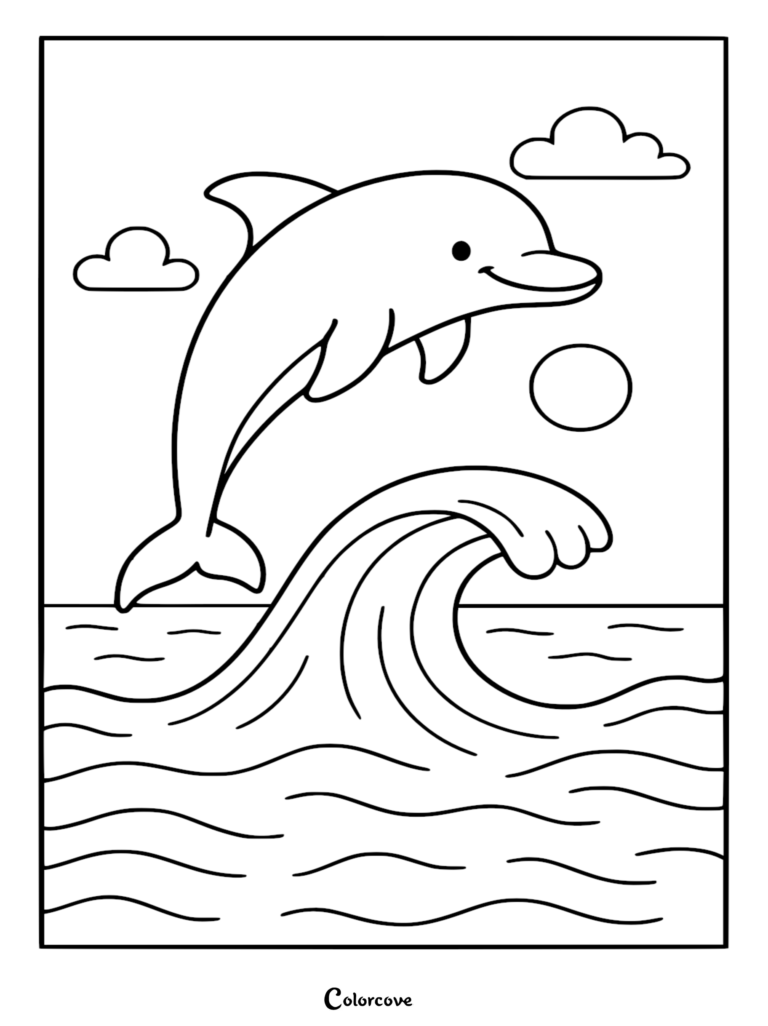 Un adorable delfín saltando fuera de las olas del océano con un sol y nubes de fondo en una página para colorear imprimible.