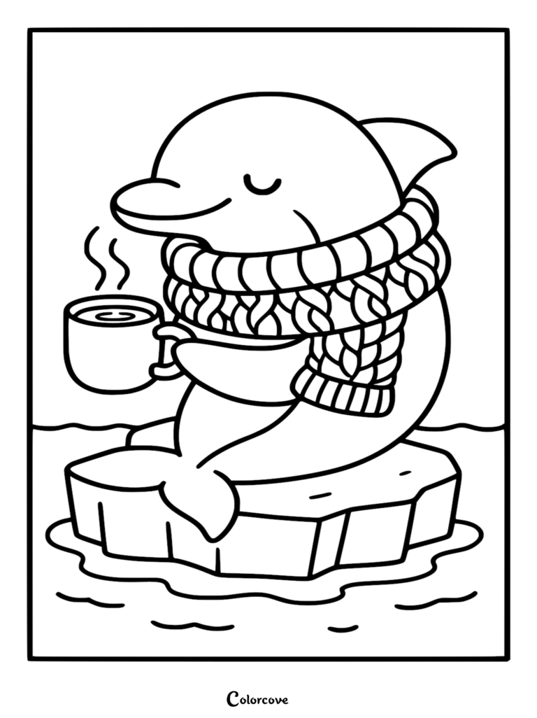 Un tierno delfín con una bufanda de punto gruesa sentado en un témpano de hielo y sosteniendo una taza humeante de chocolate caliente en este dibujo para colorear imprimible.