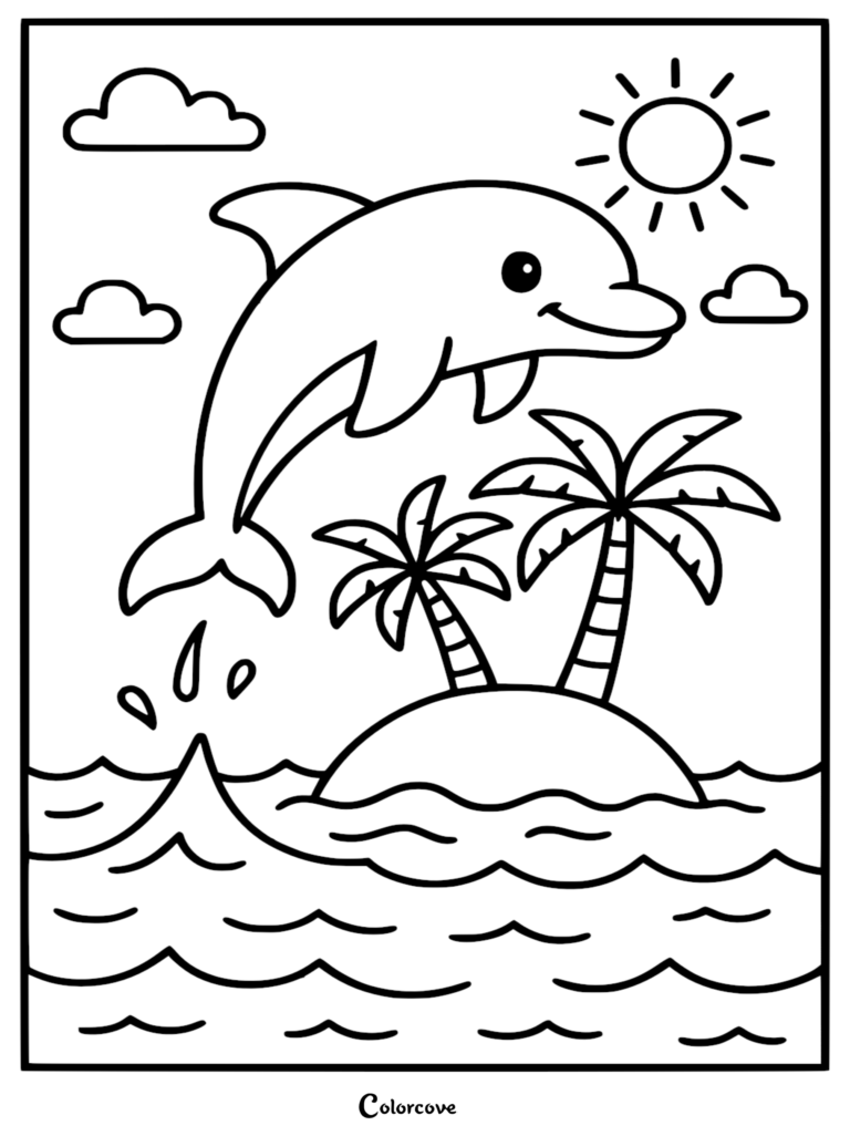 Un adorable delfín saltando sobre una isla tropical con palmeras en esta página para colorear imprimible gratuita.