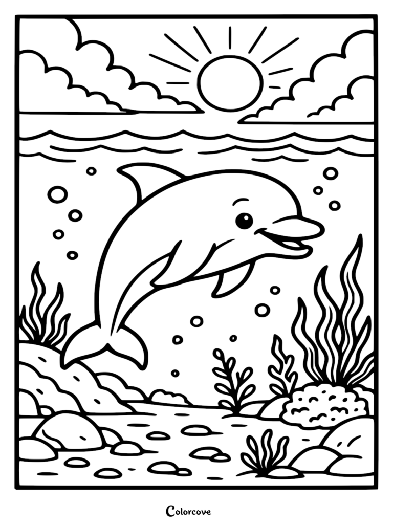 Un adorable delfín nadando bajo el agua cerca de coral y algas en esta página para colorear imprimible.