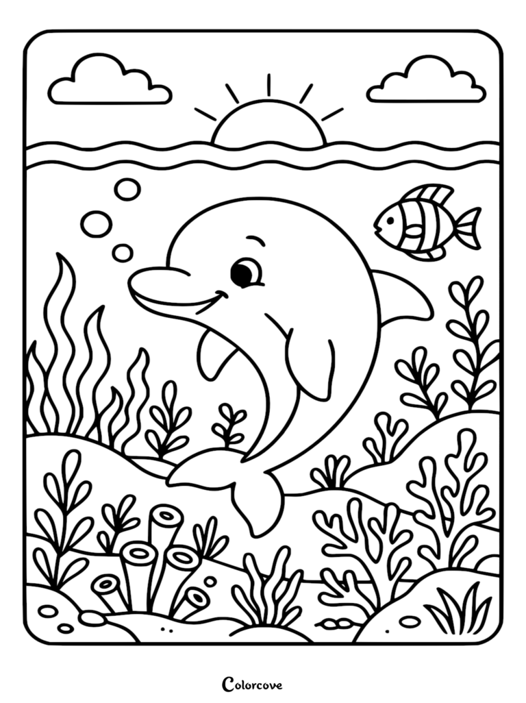 Un adorable delfín nadando bajo el agua con un pez pequeño, coral y una superficie iluminada por el sol en esta página para colorear imprimible.