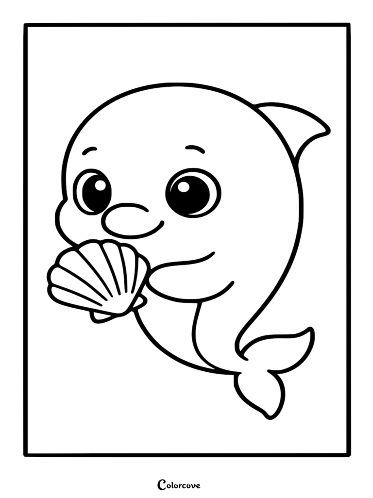 Un tierno delfín sosteniendo una concha marina en este dibujo para colorear imprimible gratis.