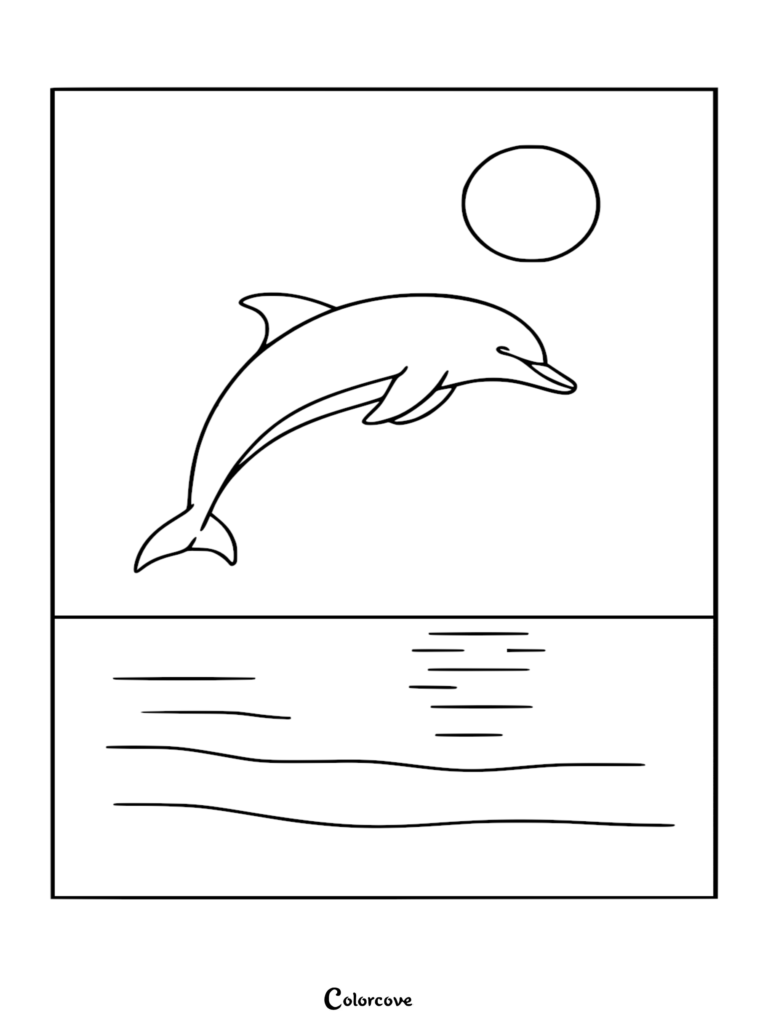 Un adorable delfín saltando fuera del agua del océano con un sol en el cielo en esta página para colorear imprimible.