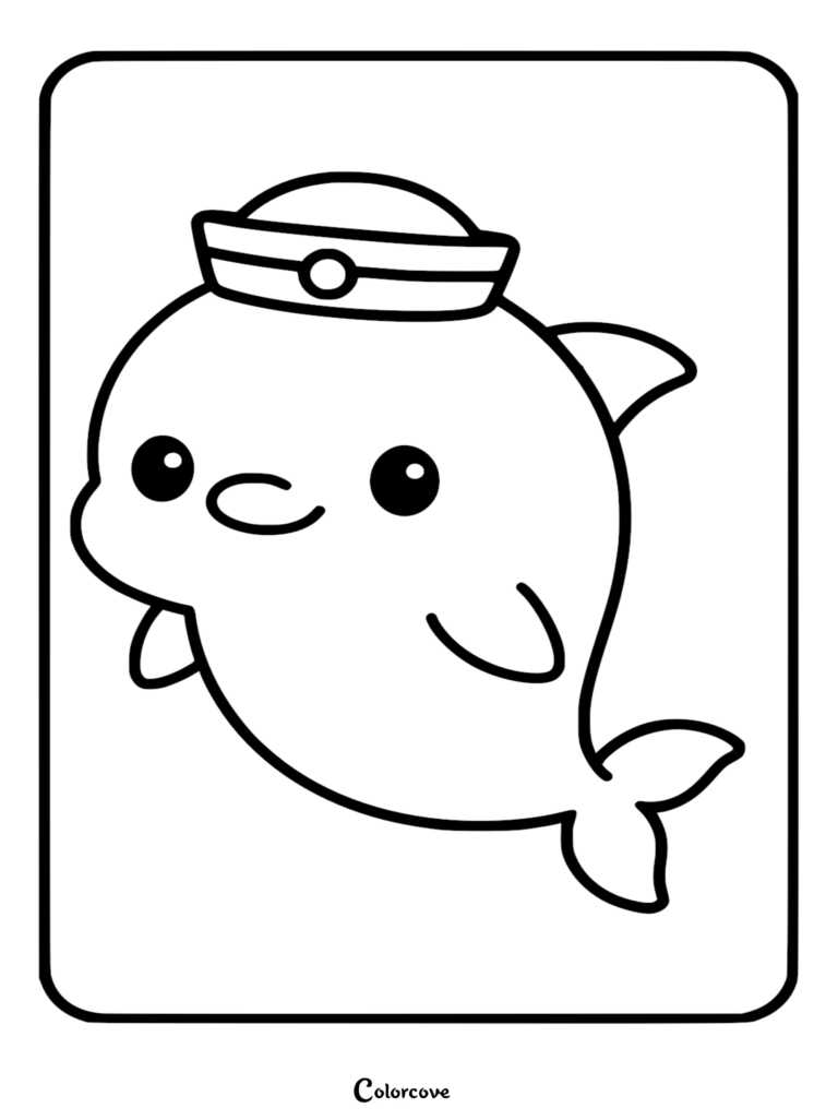 Un tierno delfín con gorro de marinero en este dibujo para colorear imprimible gratis.