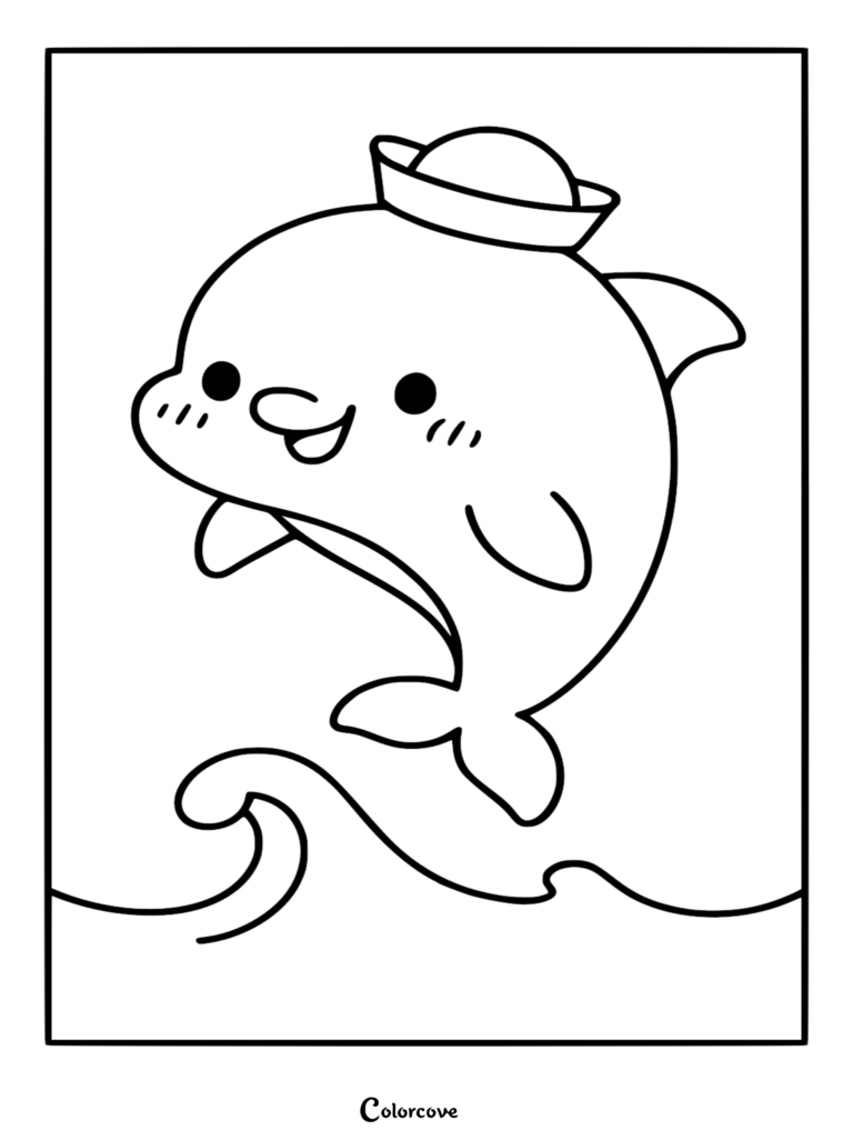 Un tierno delfín con gorro de marinero saltando fuera del agua en este dibujo para colorear imprimible gratis.