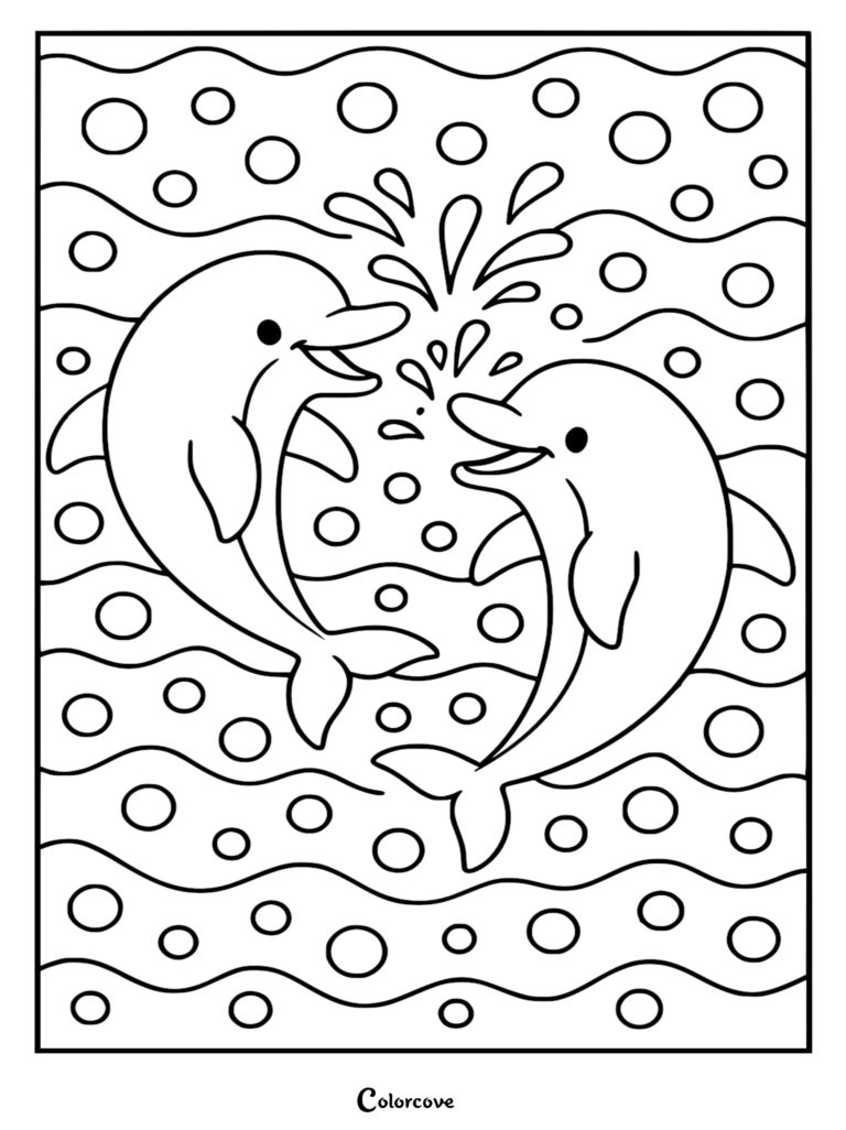Dos adorables delfines chapoteando en el océano con burbujas en esta página para colorear imprimible.