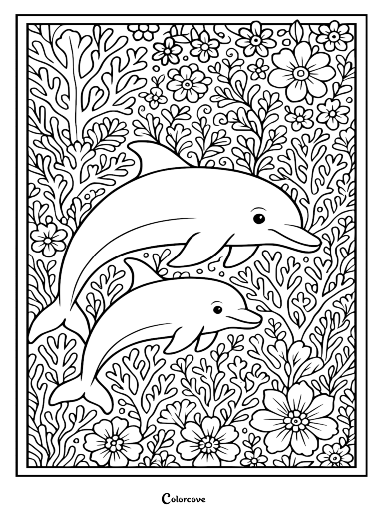 Dos adorables delfines nadando entre coral complejo y flores en esta página para colorear imprimible gratuita.