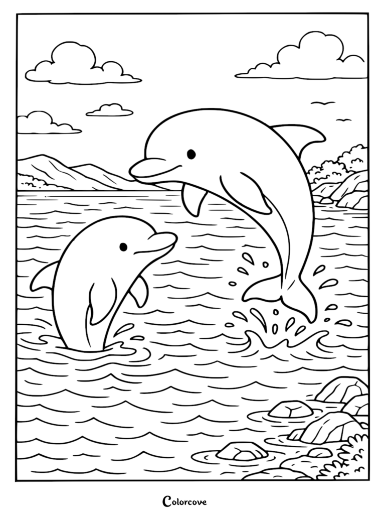Dos adorables delfines saltando fuera del agua del océano en una escena para colorear imprimible con montañas y nubes de fondo.
