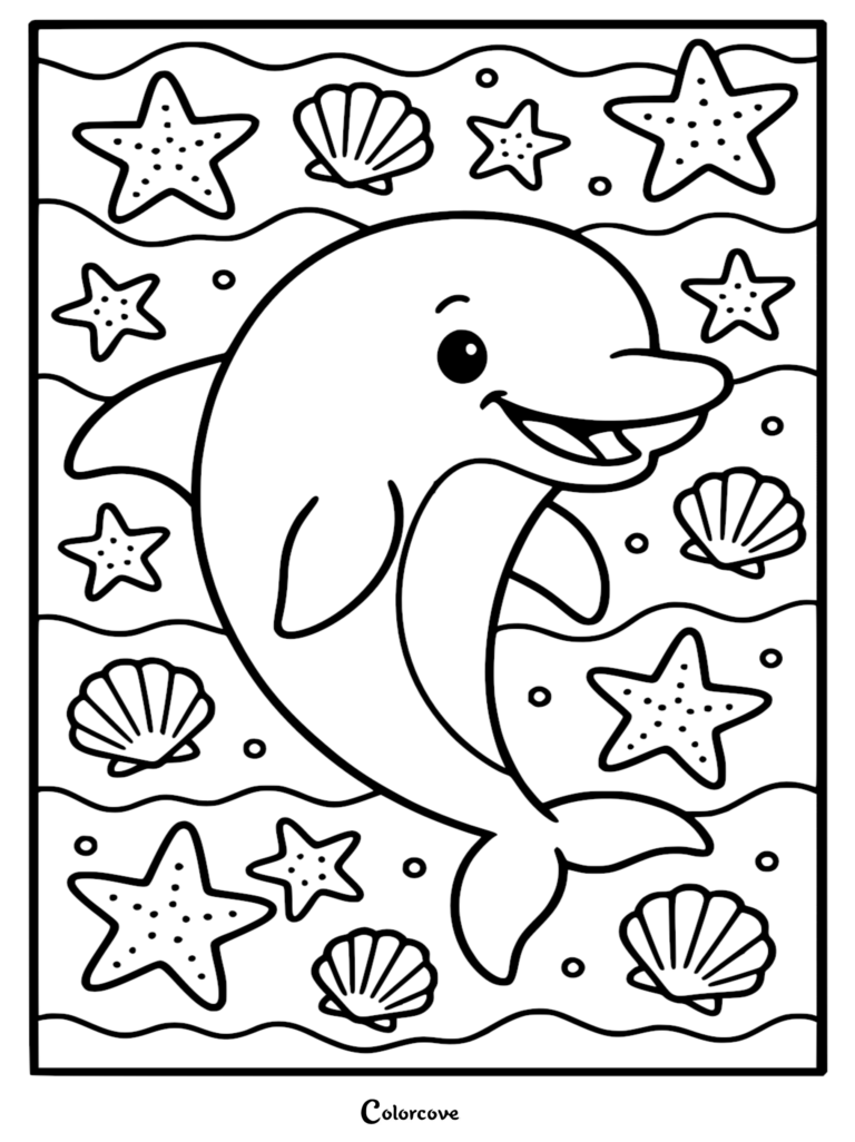 Un adorable delfín nadando entre estrellas de mar y caracolas en esta página para colorear imprimible gratuita.