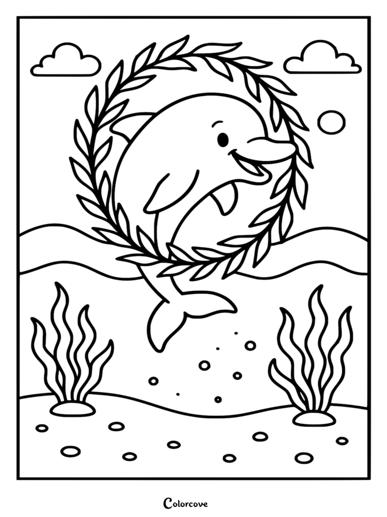 Un tierno delfín saltando a través de una corona de hojas en este dibujo para colorear imprimible gratis con algas submarinas y burbujas.
