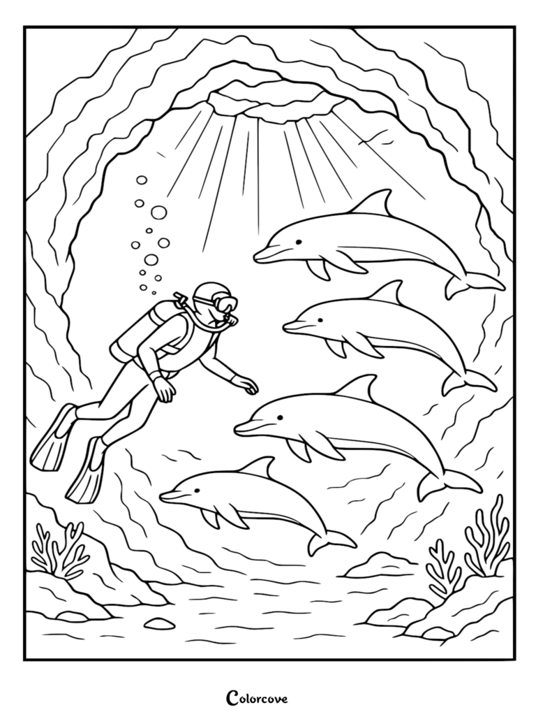 Un buzo nadando con un grupo de cuatro adorables delfines en una cueva submarina, presentado en esta página para colorear imprimible gratuita.