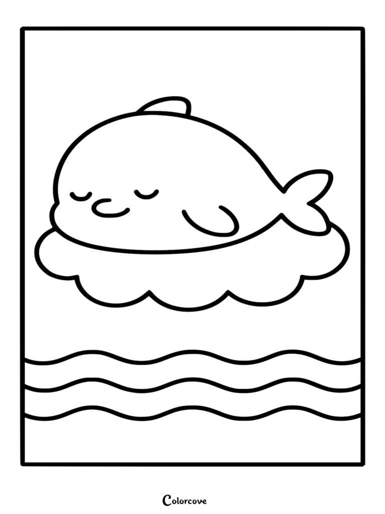 Un tierno delfín descansando sobre una nube esponjosa encima de las olas del océano en este dibujo para colorear imprimible.