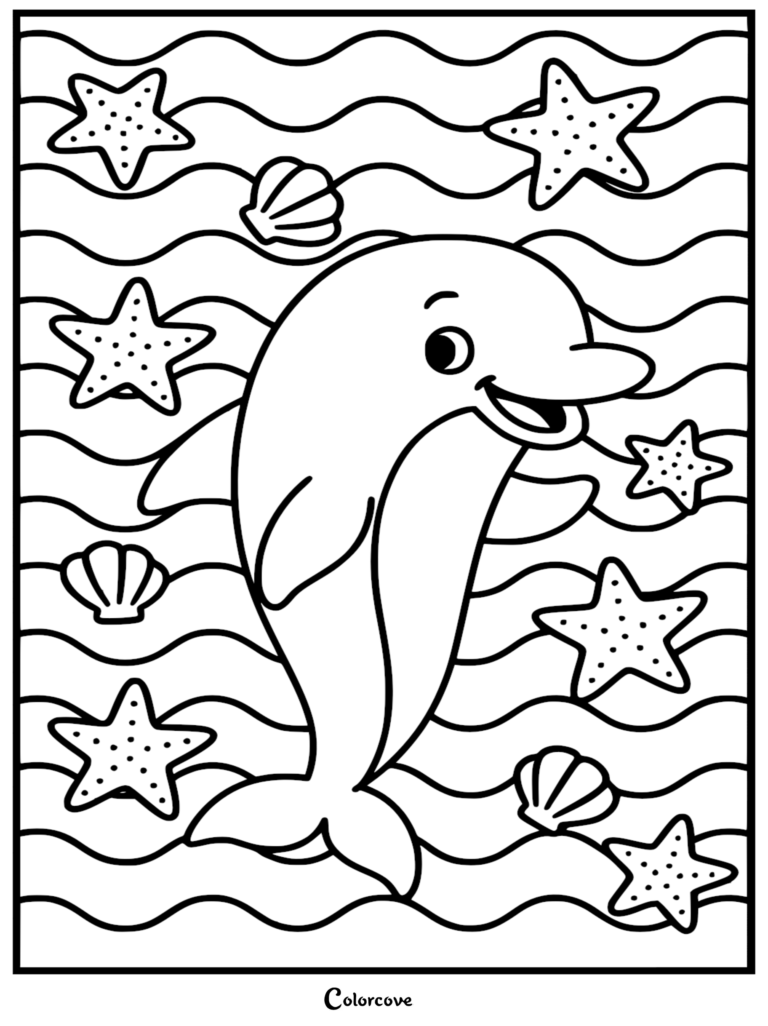 Un adorable delfín nadando entre estrellas de mar y caracolas en esta página para colorear imprimible gratuita.