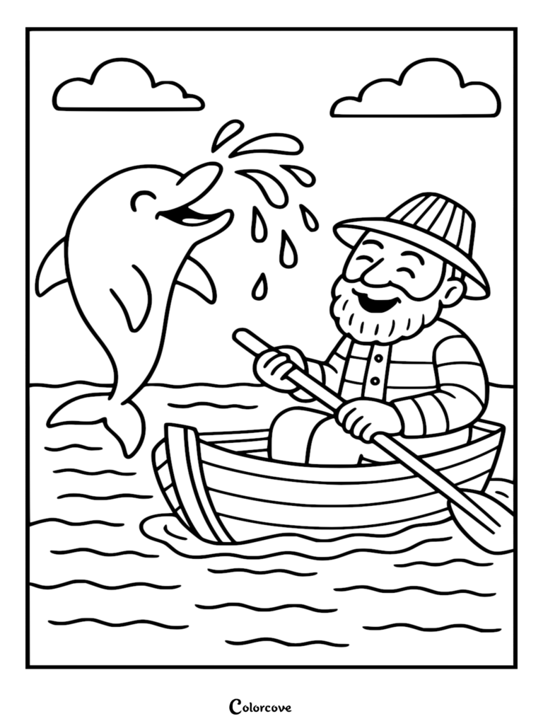 Un tierno delfín salpicando agua cerca de un pescador en un bote en este dibujo para colorear imprimible gratis.