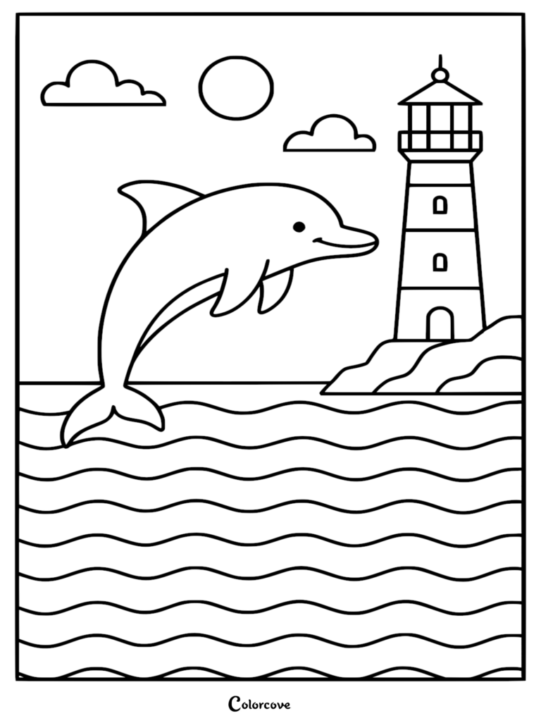 Un adorable delfín saltando fuera de las olas del océano cerca de un faro en esta página para colorear imprimible gratuita.