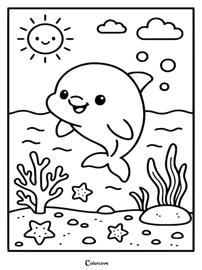Un adorable delfín saltando en el océano con un sol sonriente, nubes, coral y estrellas de mar en esta página para colorear imprimible gratuita.