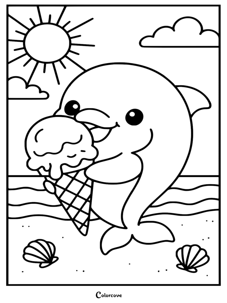 Un tierno delfín sosteniendo un cono de helado grande en una playa soleada con conchas marinas, dibujo para colorear imprimible.