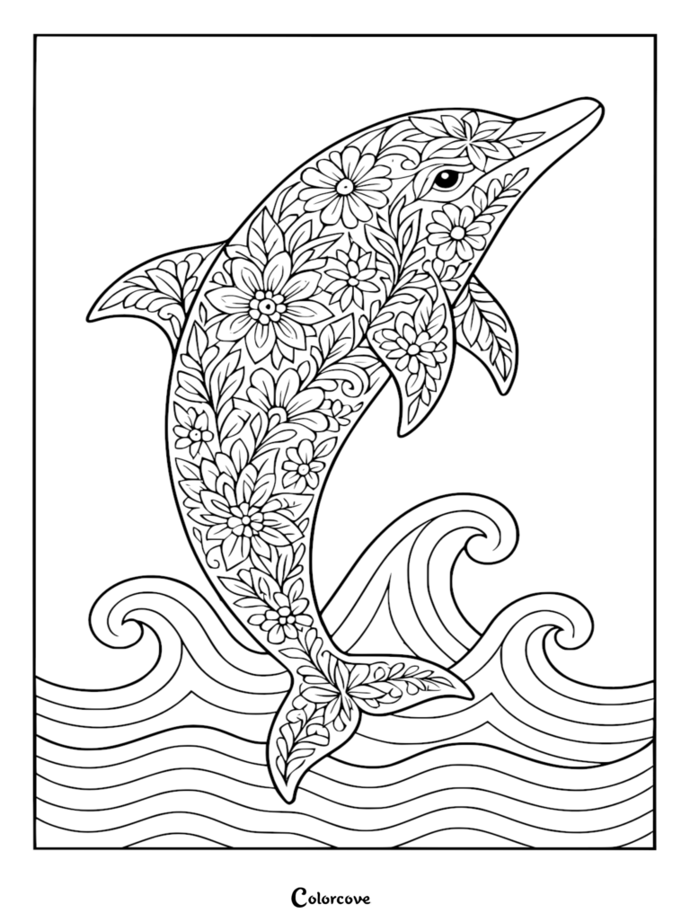 Un tierno delfín decorado con intrincados patrones florales saltando fuera de las olas del océano en este dibujo para colorear imprimible gratis.