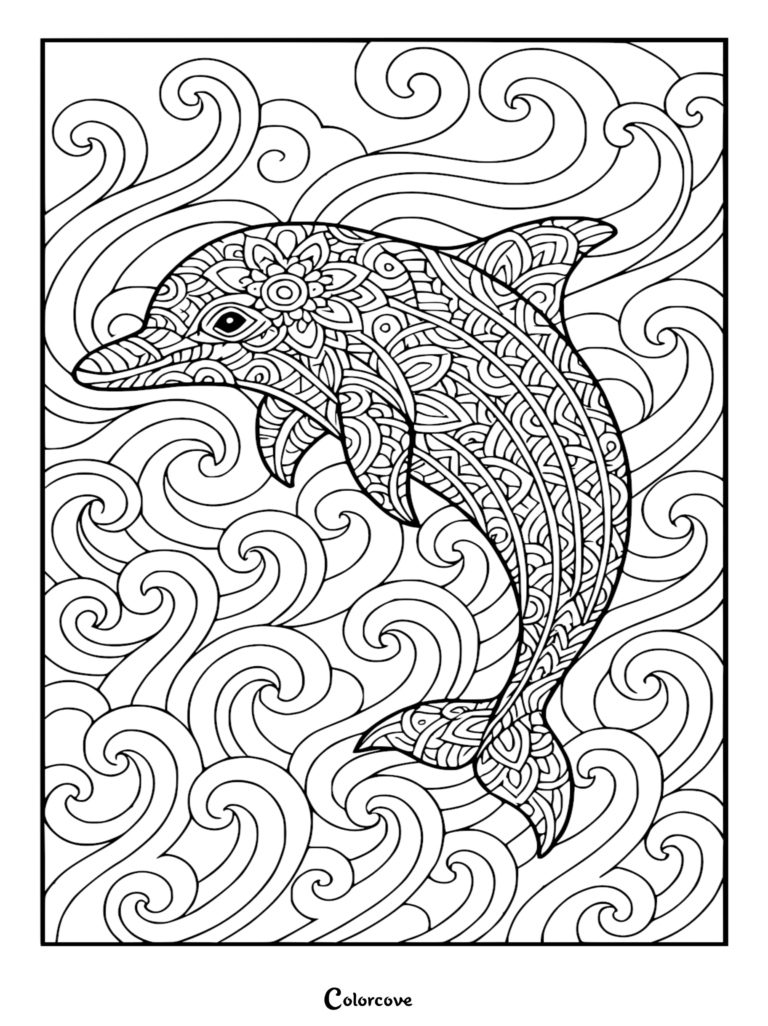 Dibujo para colorear de estilo mandala intrincado de un tierno delfín saltando a través de olas oceánicas en remolino