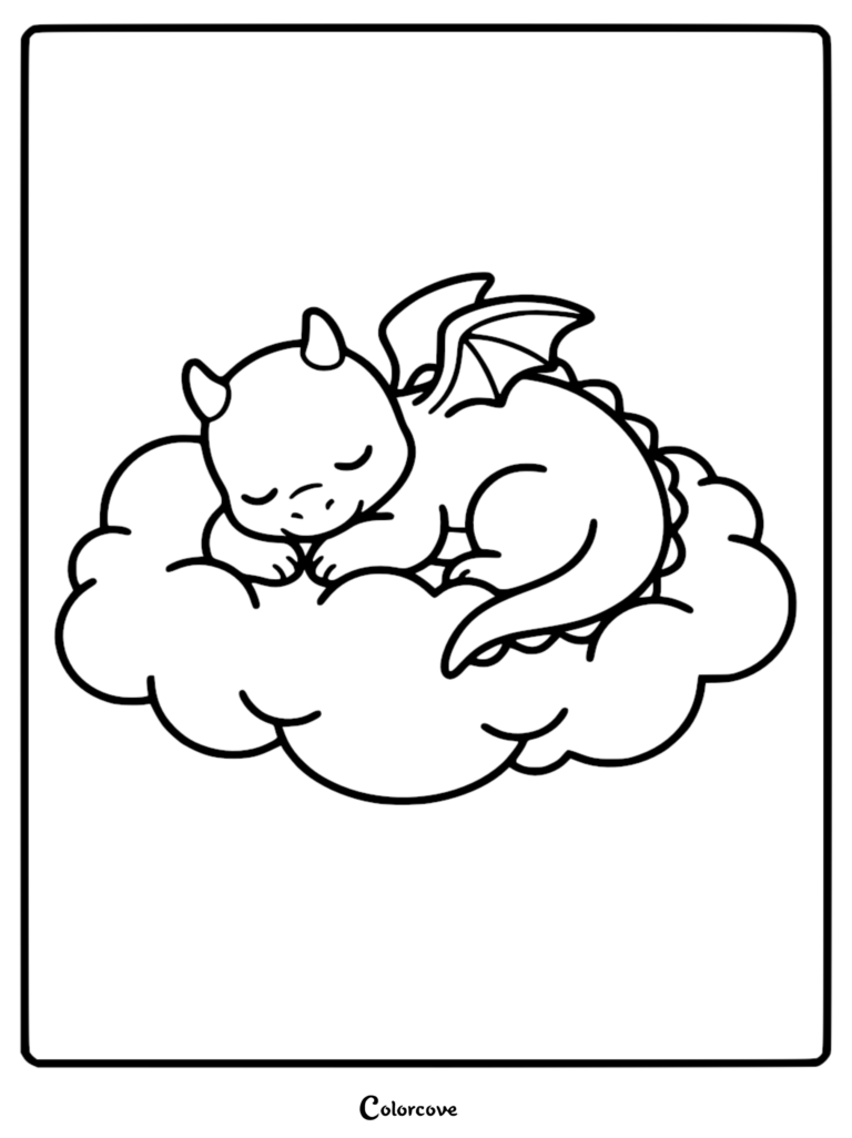 A cute dragon sleeping peacefully on a fluffy cloud in this free printable coloring page.