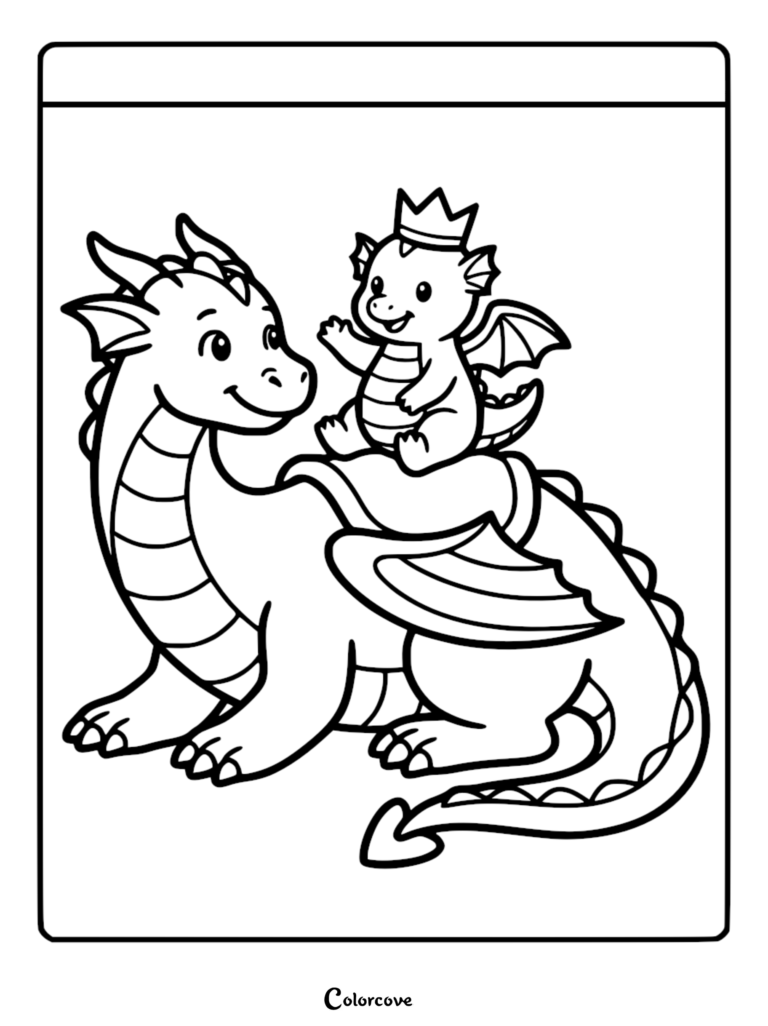 A cute dragon coloring page featuring a small baby dragon wearing a crown sitting on the back of a larger friendly dragon.