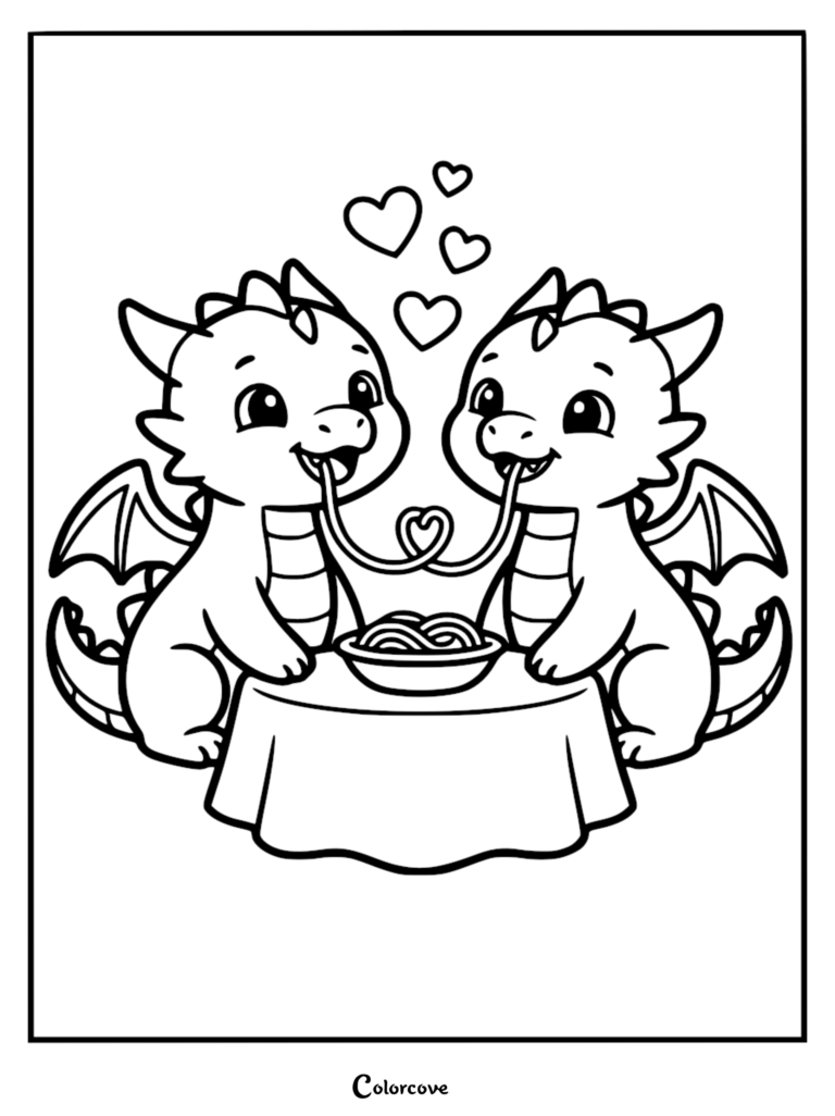 Two cute dragons sharing a romantic spaghetti dinner on this free printable coloring page.