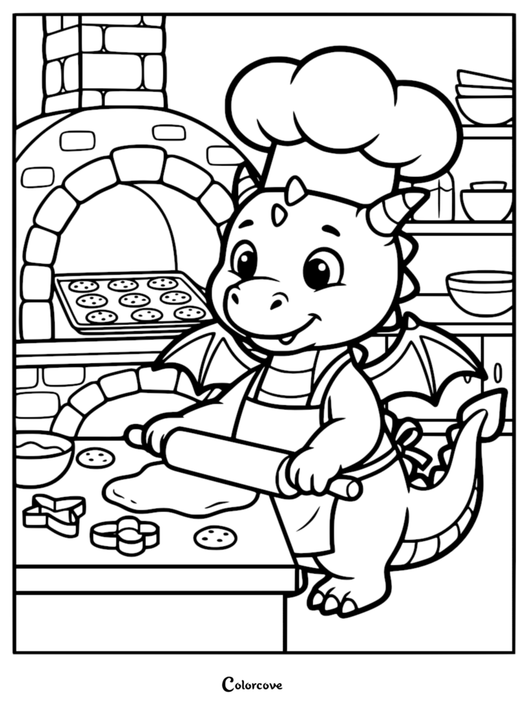 Cute dragon wearing a chef hat and apron rolling out cookie dough in a kitchen coloring page.
