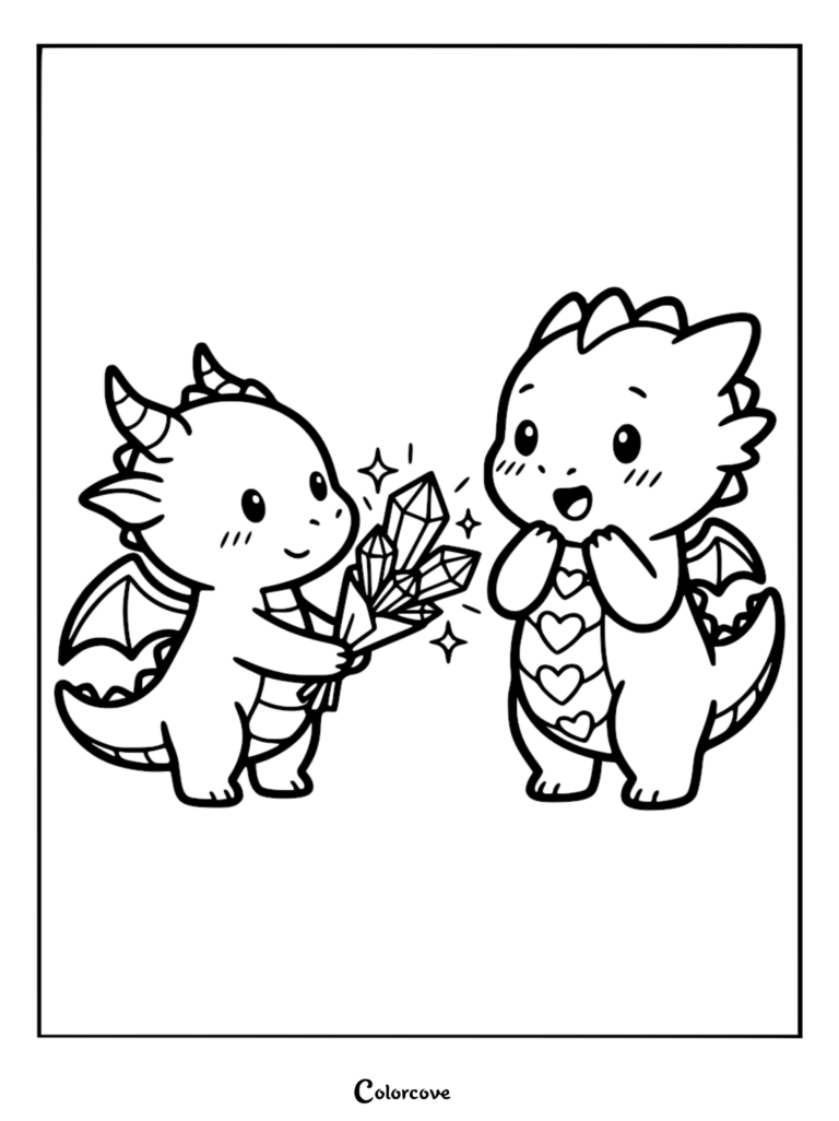 A cute dragon giving a bouquet of sparkling crystals to another dragon with heart patterns on its belly in this printable coloring page.