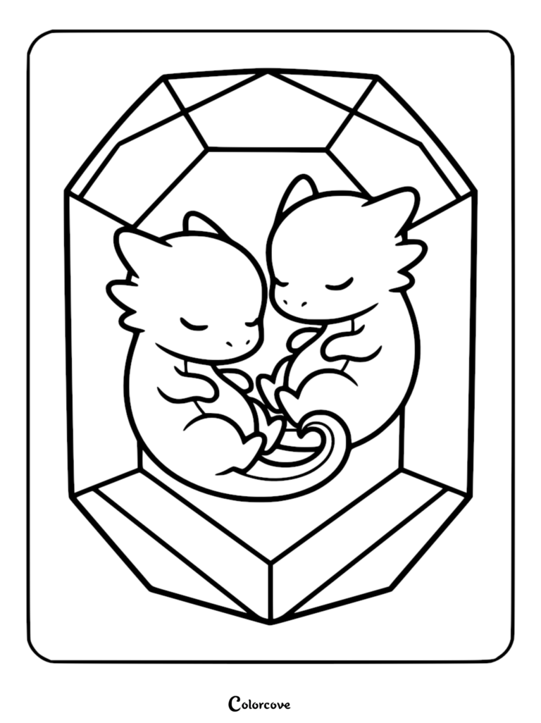Two cute dragons sleeping inside a crystal gem in this free printable coloring page.