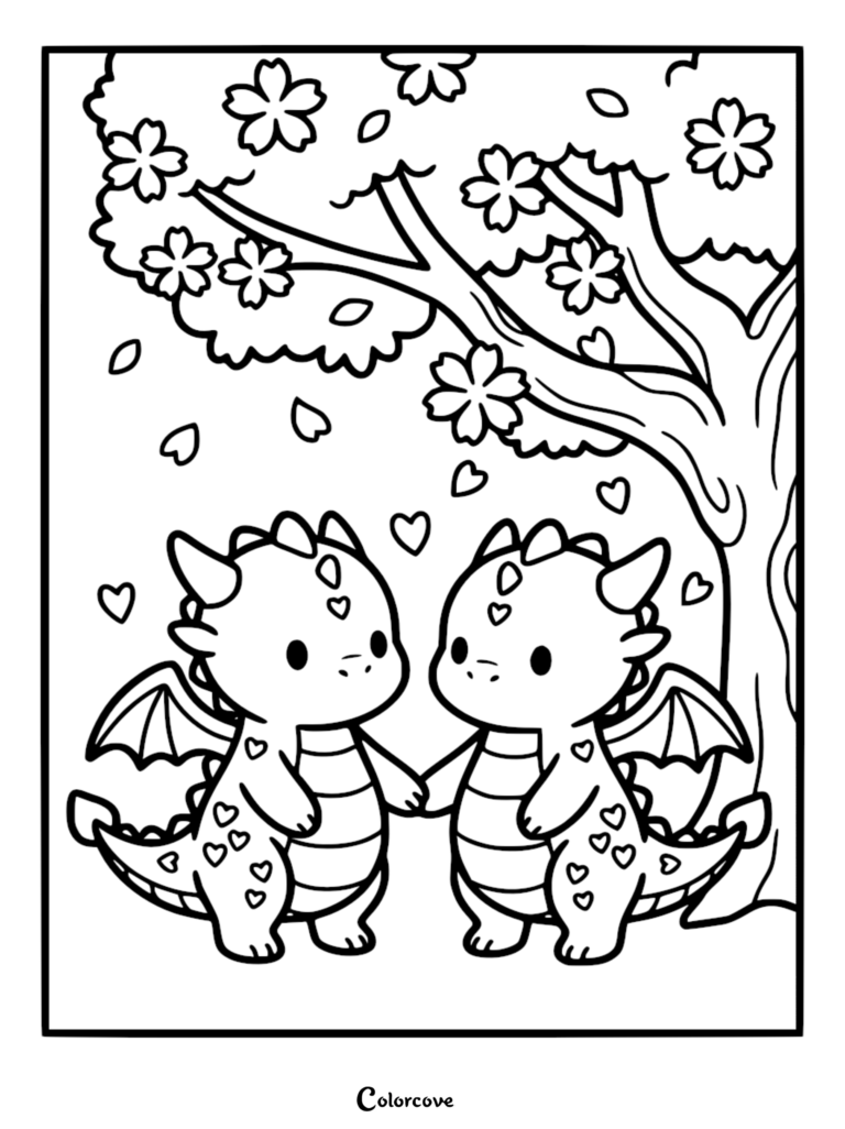 Two cute dragons holding hands under a cherry blossom tree, a free printable coloring page featuring heart patterns.