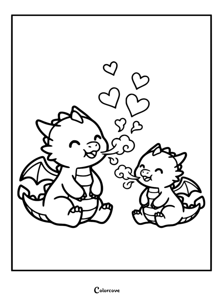 Two cute dragons breathing heart-shaped smoke in this free printable coloring page.