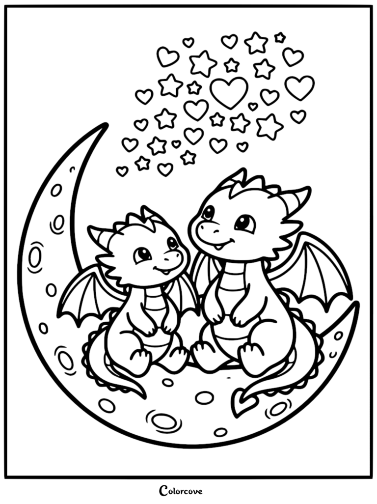Two cute dragons sitting on a crescent moon surrounded by hearts and stars in this free printable coloring page.