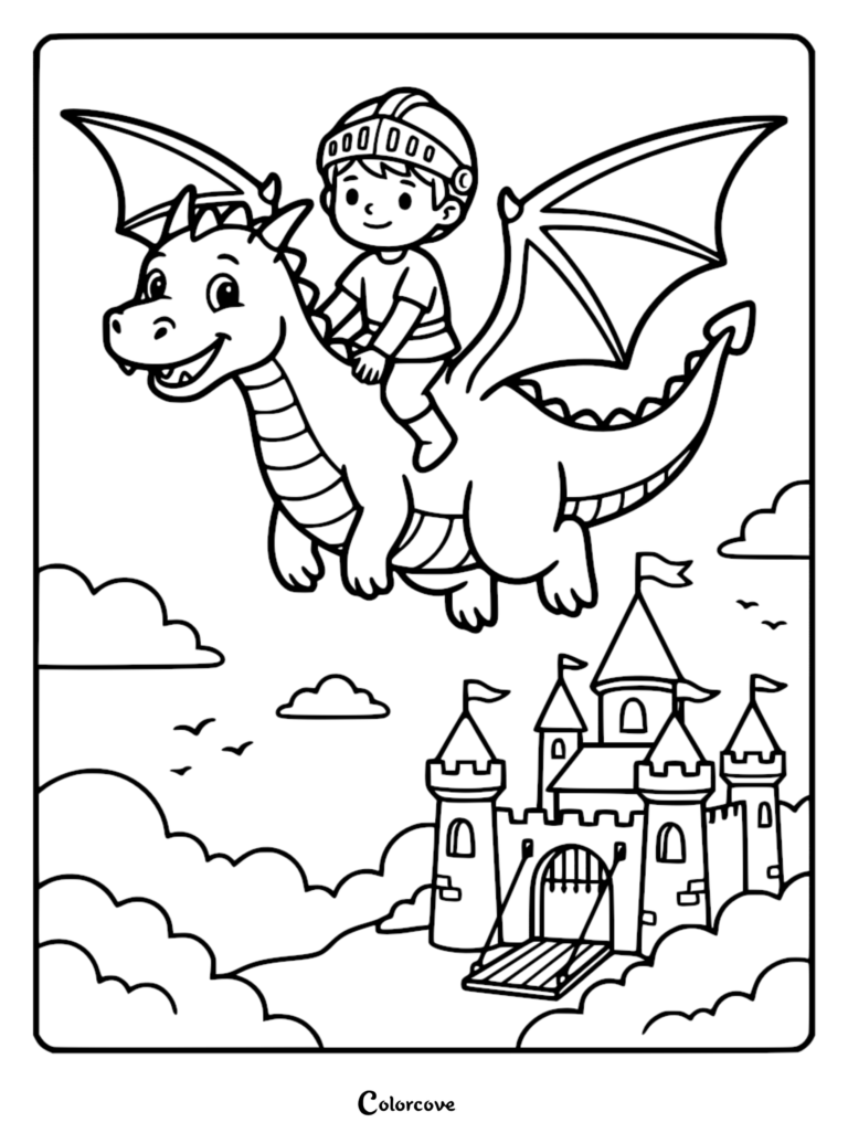 A knight riding a cute dragon flying over a castle in this free printable coloring page.