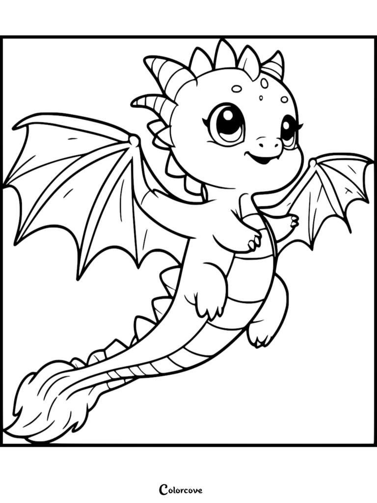 A cute dragon with large eyes and spread wings flying in this free printable coloring page.