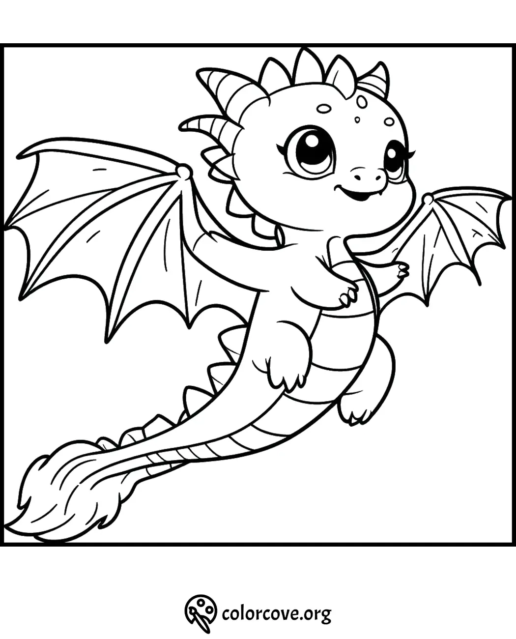 Cute cartoon dragon coloring page with big eyes and wings, perfect for kids to color and enjoy creative fun.