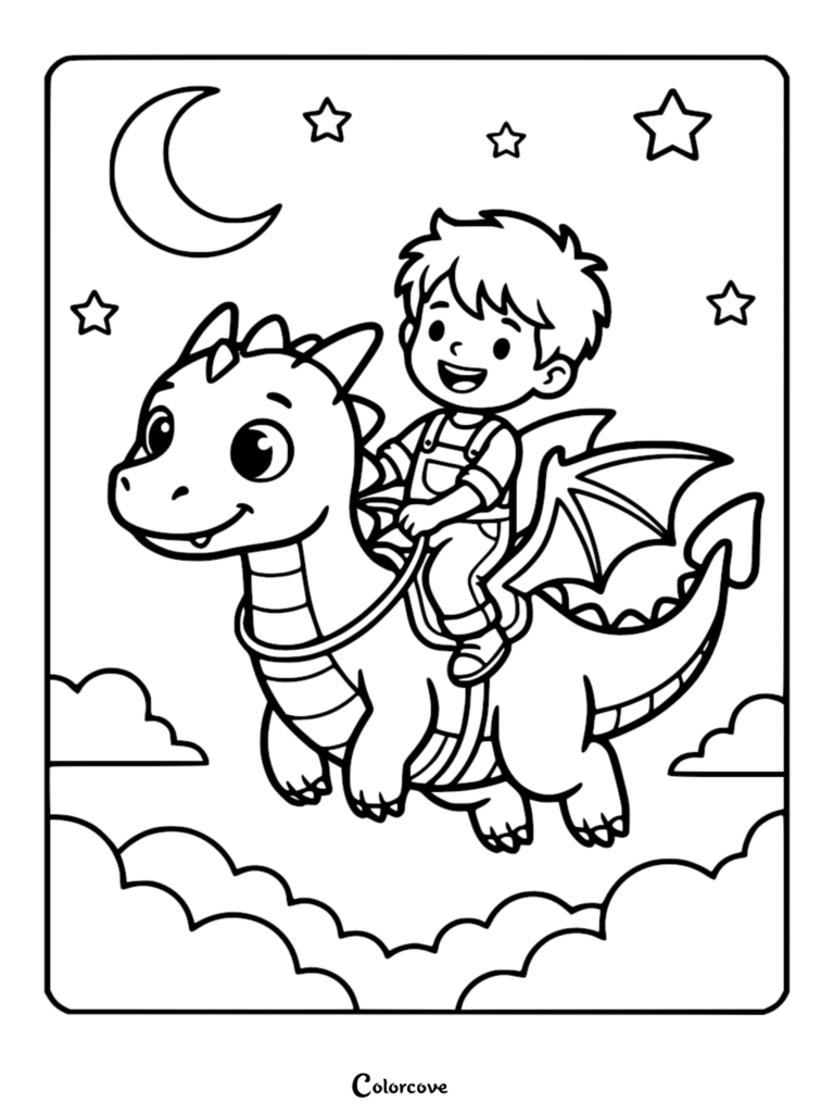 A boy riding a cute dragon through the night sky in this free printable coloring page.