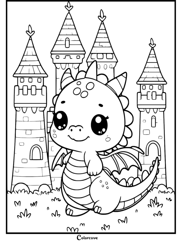 A cute dragon standing in front of a tall stone castle in this free printable coloring page.