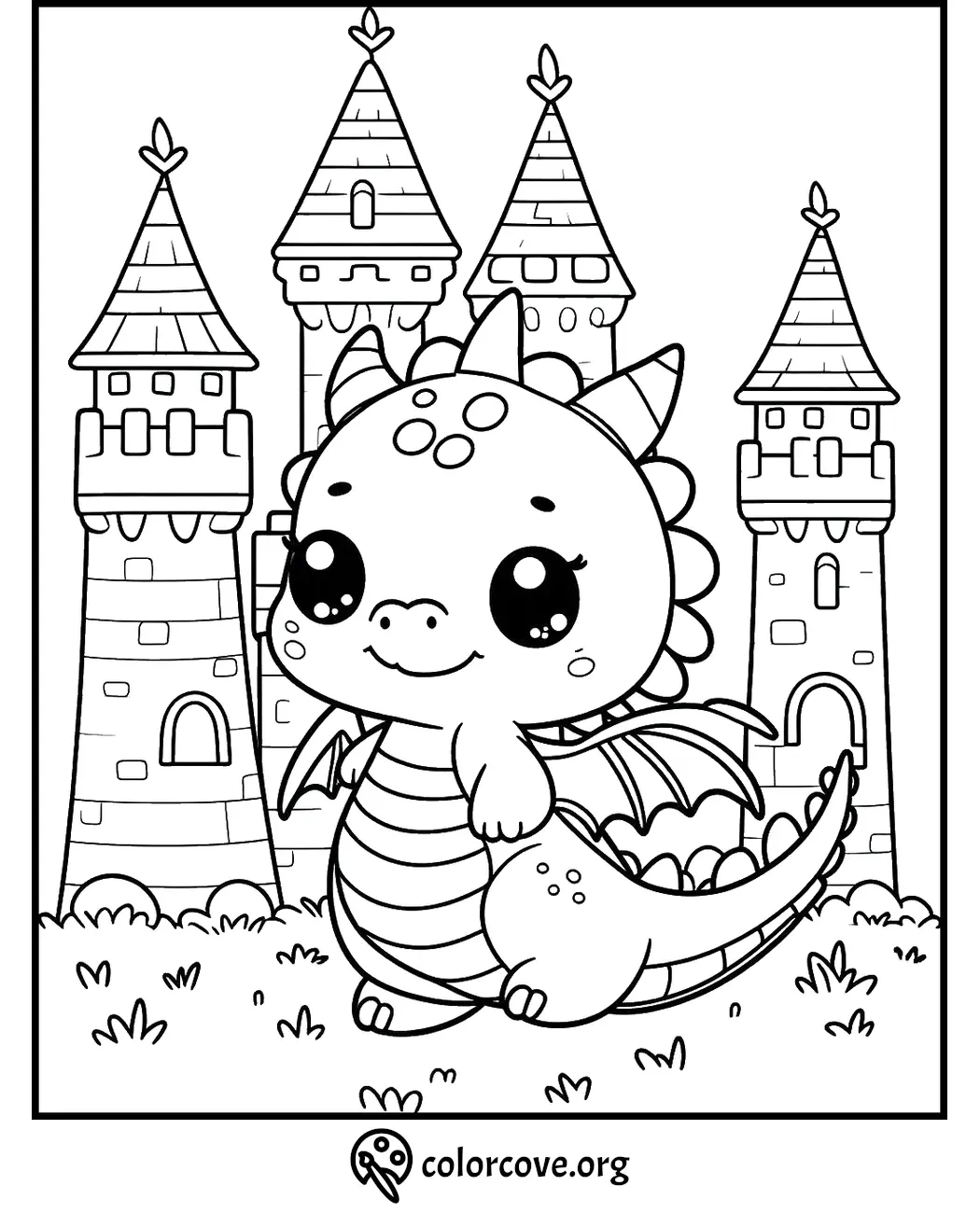 Cute dragon coloring page for kids featuring an adorable dragon in front of a whimsical castle. Printable from colorcove.org.