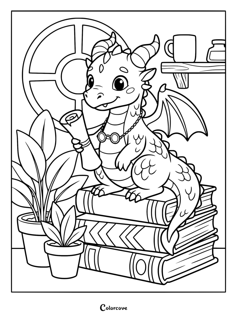 A cute dragon wearing glasses around its neck, holding a scroll while sitting on a stack of books, coloring page style.
