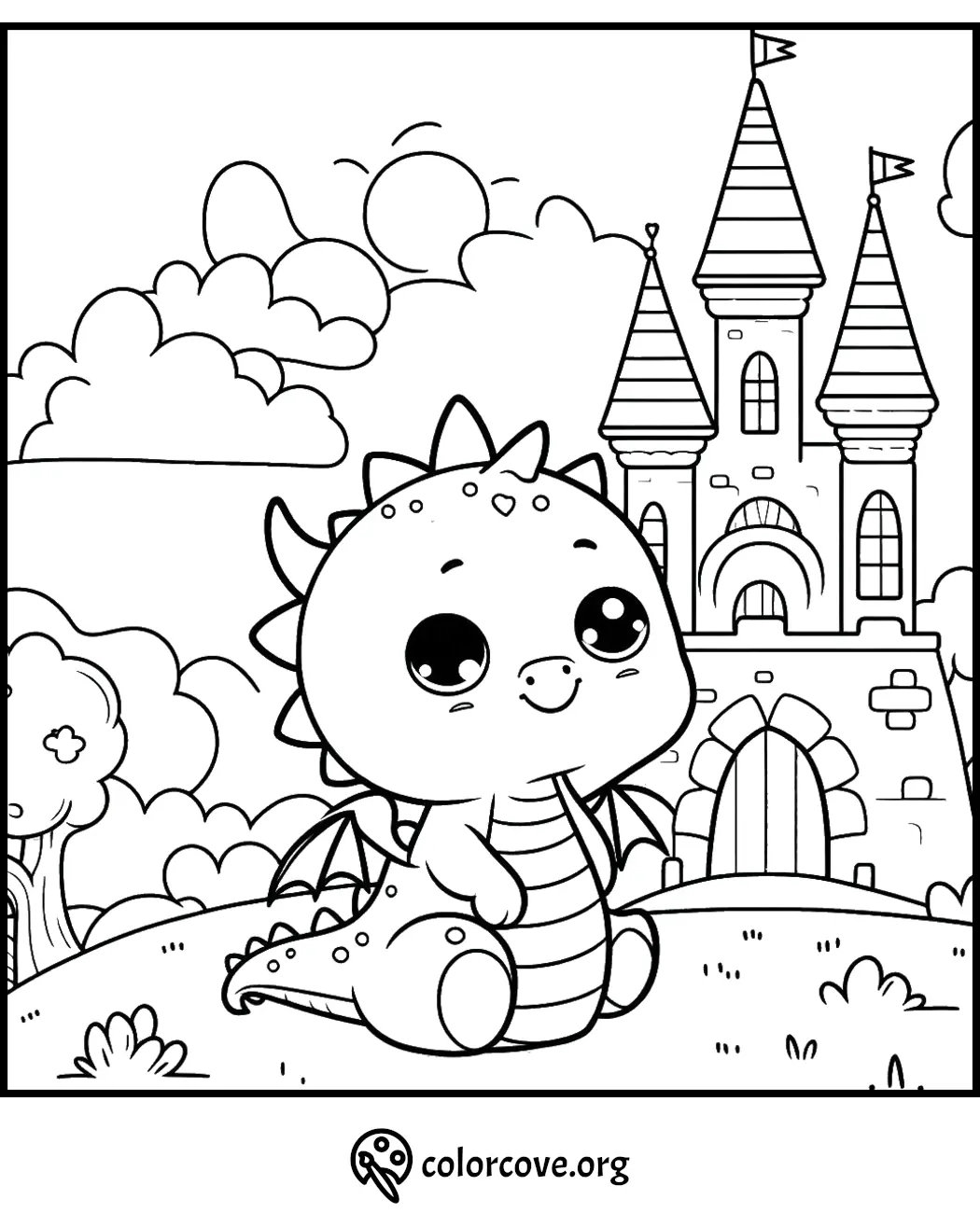 Cute baby dragon coloring page with castle in the background, perfect for kids' coloring fun and creativity - colorcove.org