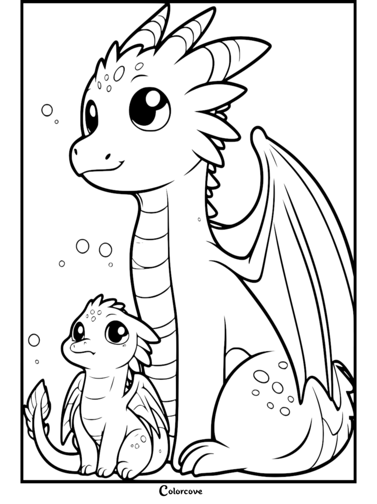 A large adult dragon sitting next to a small baby dragon in this cute dragon coloring page.