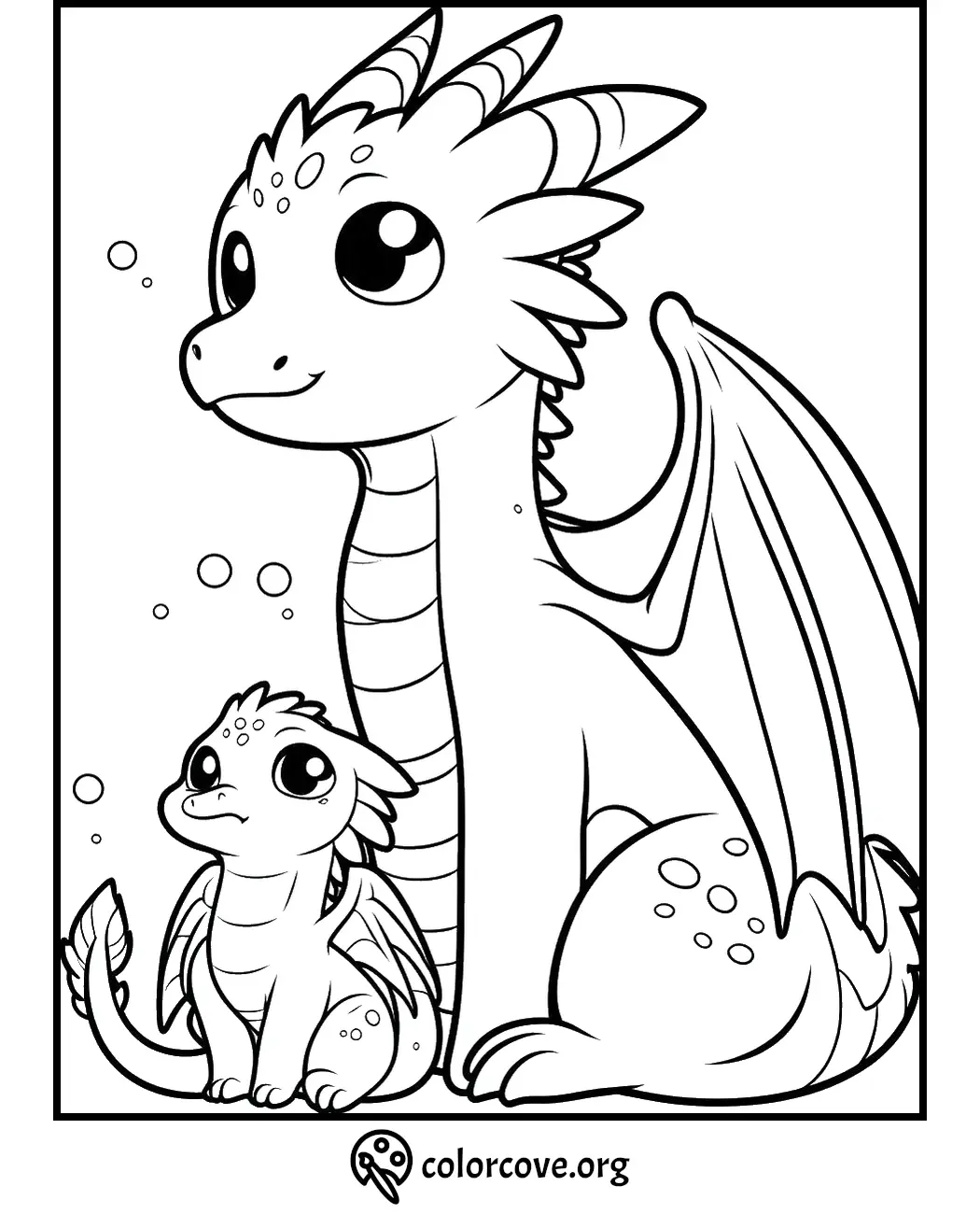 Cute dragon and baby dragon coloring page from ColorCove.org, perfect for kids and dragon lovers to enjoy and color.