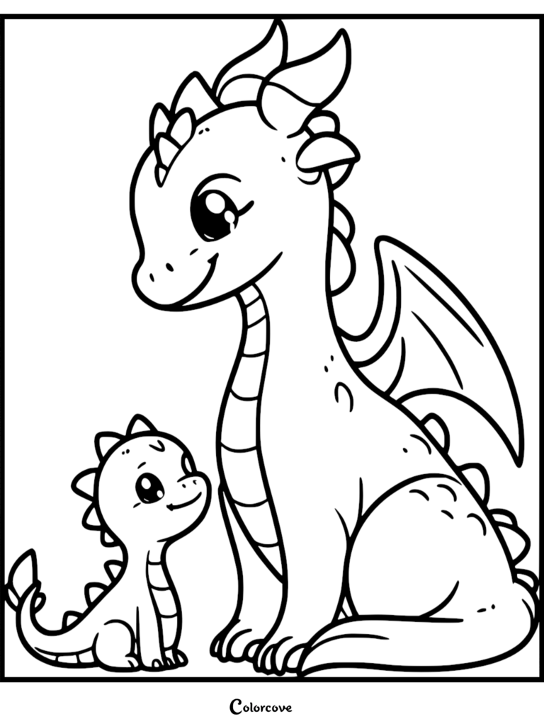 A cute dragon coloring page featuring a large dragon sitting next to a small baby dragon looking up.
