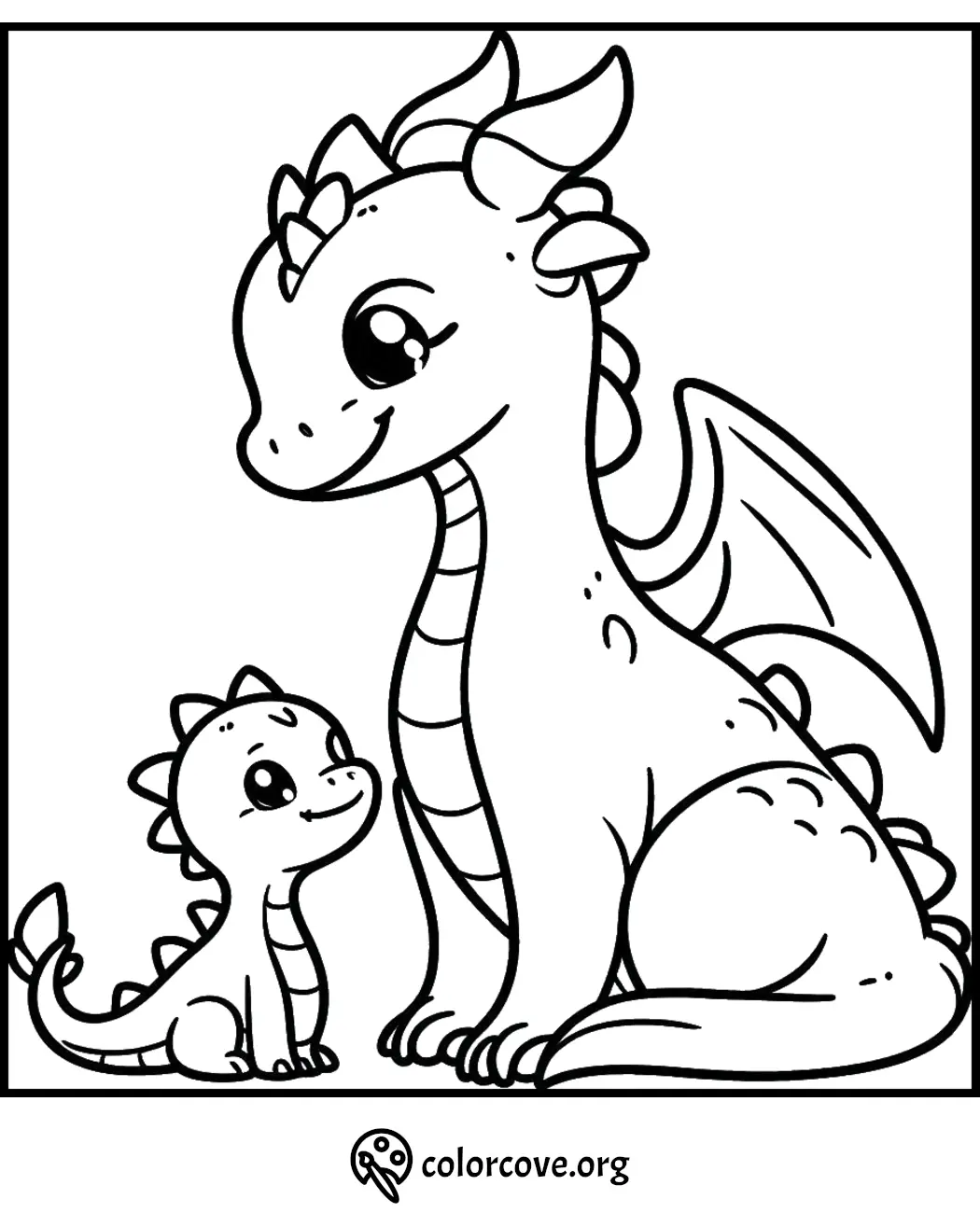 Cute dragon coloring page featuring a smiling adult dragon and playful baby dragon, perfect for kids.