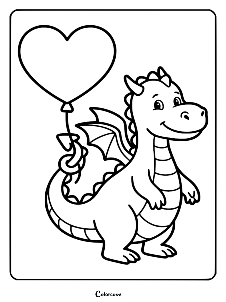 A cute dragon holding a heart-shaped balloon with its tail, printable coloring page.