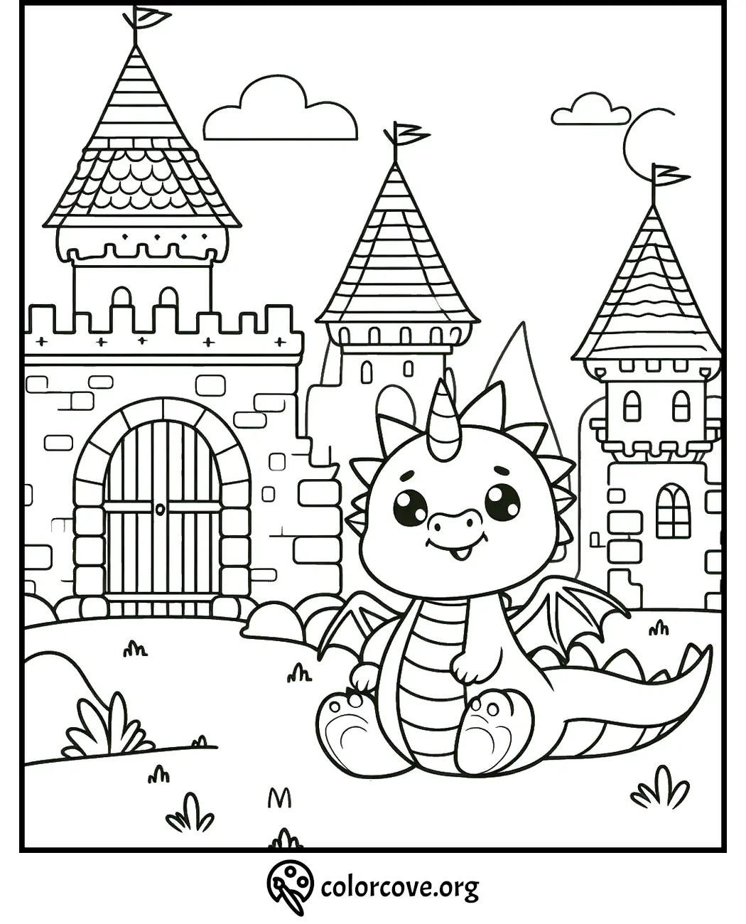 Cute dragon coloring page with a medieval castle backdrop. Ideal for children's coloring activities. Printable at colorcove.org.