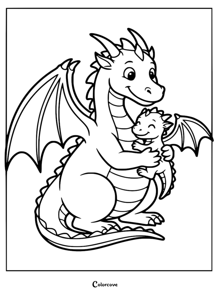 A mother dragon holding her baby dragon in a cute coloring page illustration.