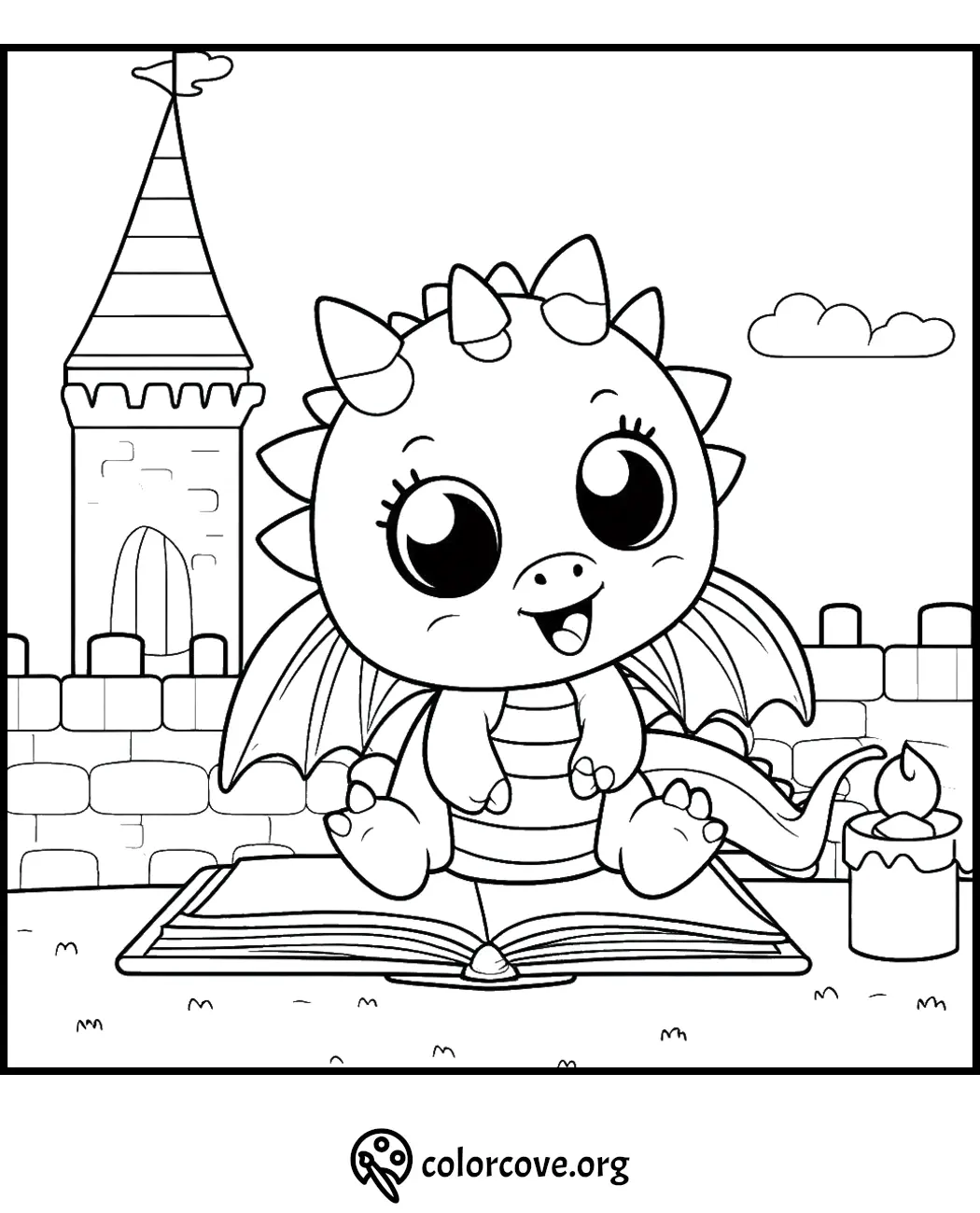 Cute dragon coloring page with castle background and book. Fun activity for kids. Free dragon printables at colorcove.org.