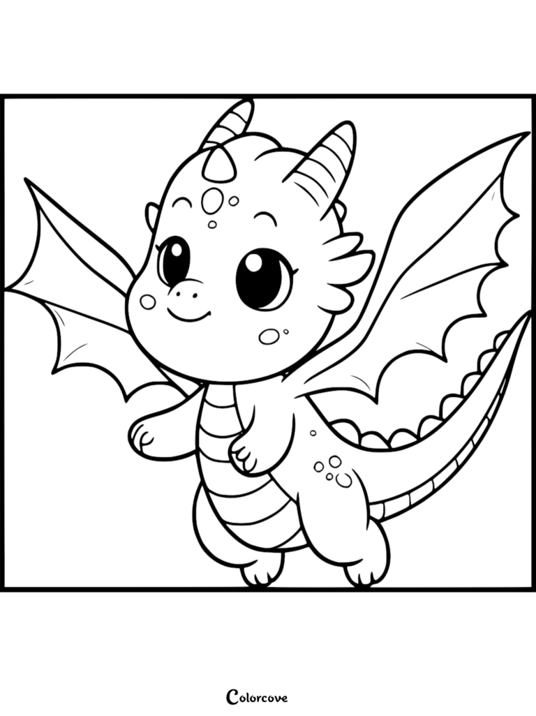 A cute dragon with large eyes and spread wings in this printable coloring page.