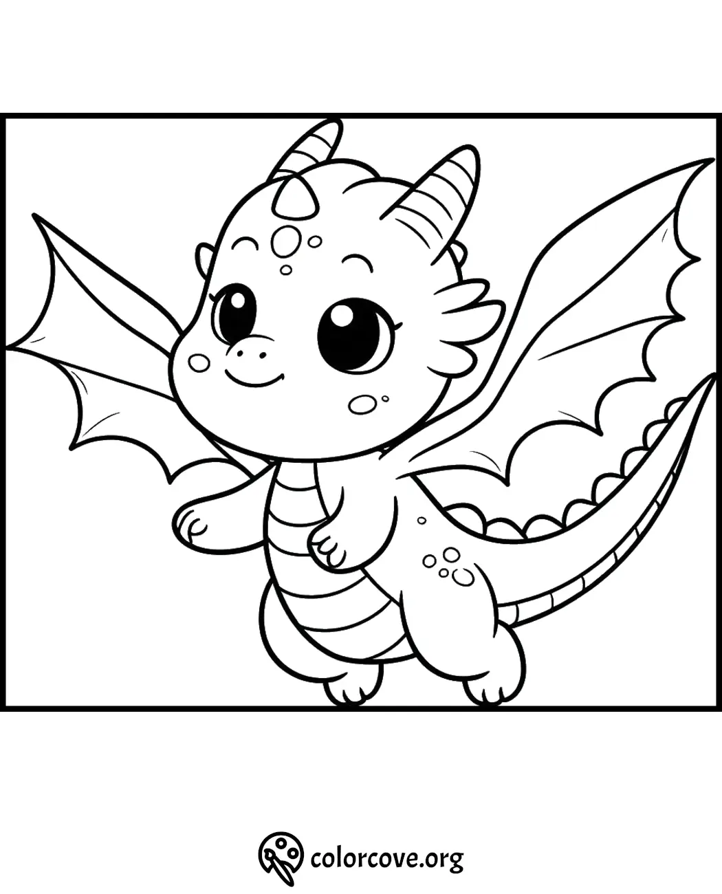 Cute baby dragon coloring page for kids, featuring a smiling dragon with wings and horns. Printable and free at colorcove.org.